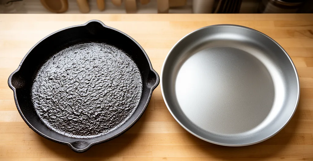 Deux plaques de crêpière côte à côte montrant différence texture fonte et antiadhésif