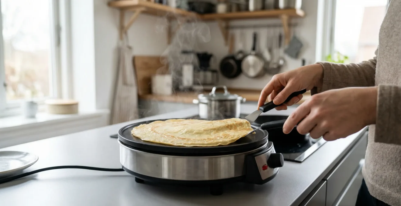 Crêpière électrique avec crêpe dorée en cours de cuisson sur plan de travail cuisine
