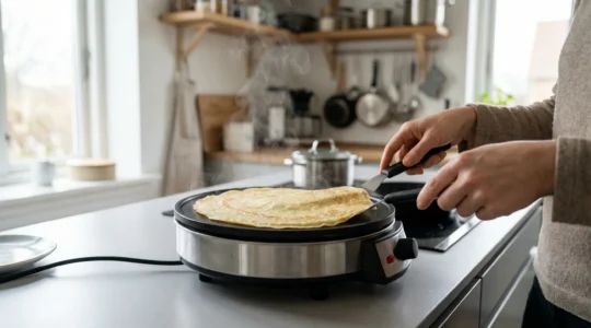 Crêpière électrique avec crêpe dorée en cours de cuisson sur plan de travail cuisine