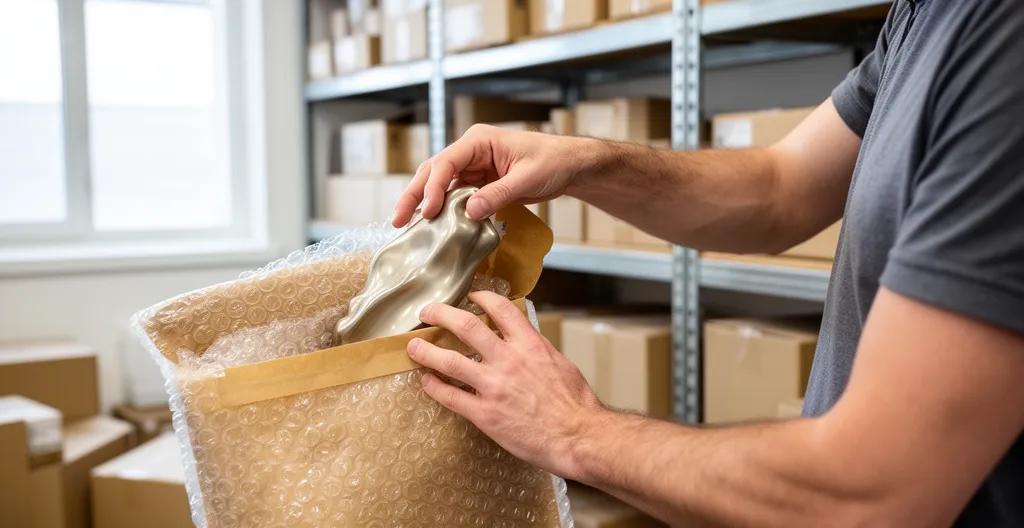 Préparation colis fragile avec pochette matelassée dans espace logistique