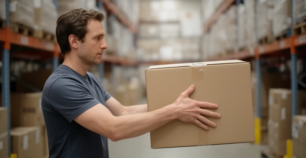 Personne testant solidité colis fragile par secousse légère