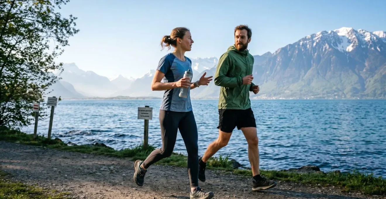 Deux coureurs discutent côte à côte sur un sentier bordant le lac Léman au petit matin, l'un tenant une gourde réutilisable