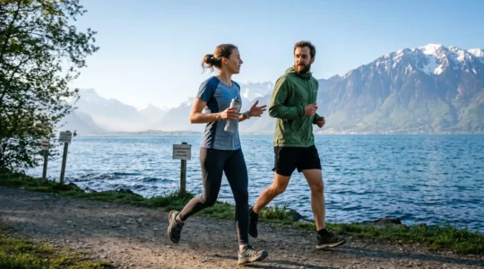 Deux coureurs discutent côte à côte sur un sentier bordant le lac Léman au petit matin, l'un tenant une gourde réutilisable