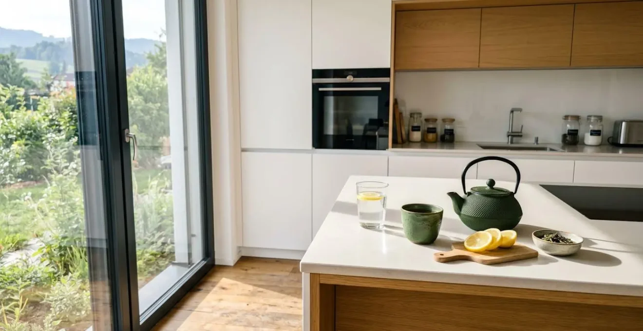 Comptoir de cuisine moderne et lumineux dans un intérieur suisse contemporain, avec une tasse de thé vert, une théière, un verre d'eau et des rondelles de citron frais, baigné de lumière matinale naturelle