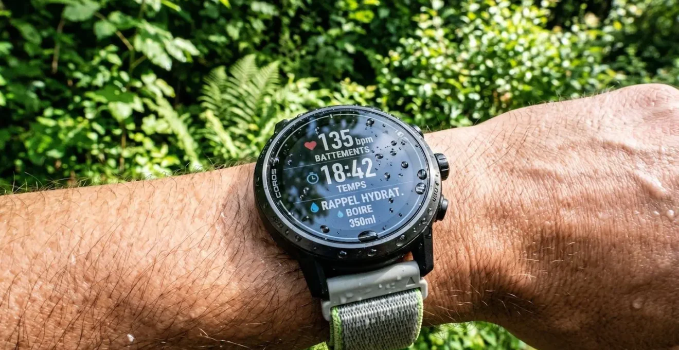 Gros plan extrême sur une montre connectée de sport affichant fréquence cardiaque et rappel d'hydratation, avec des gouttes d'eau sur le bracelet et un arrière-plan vert naturel flouté