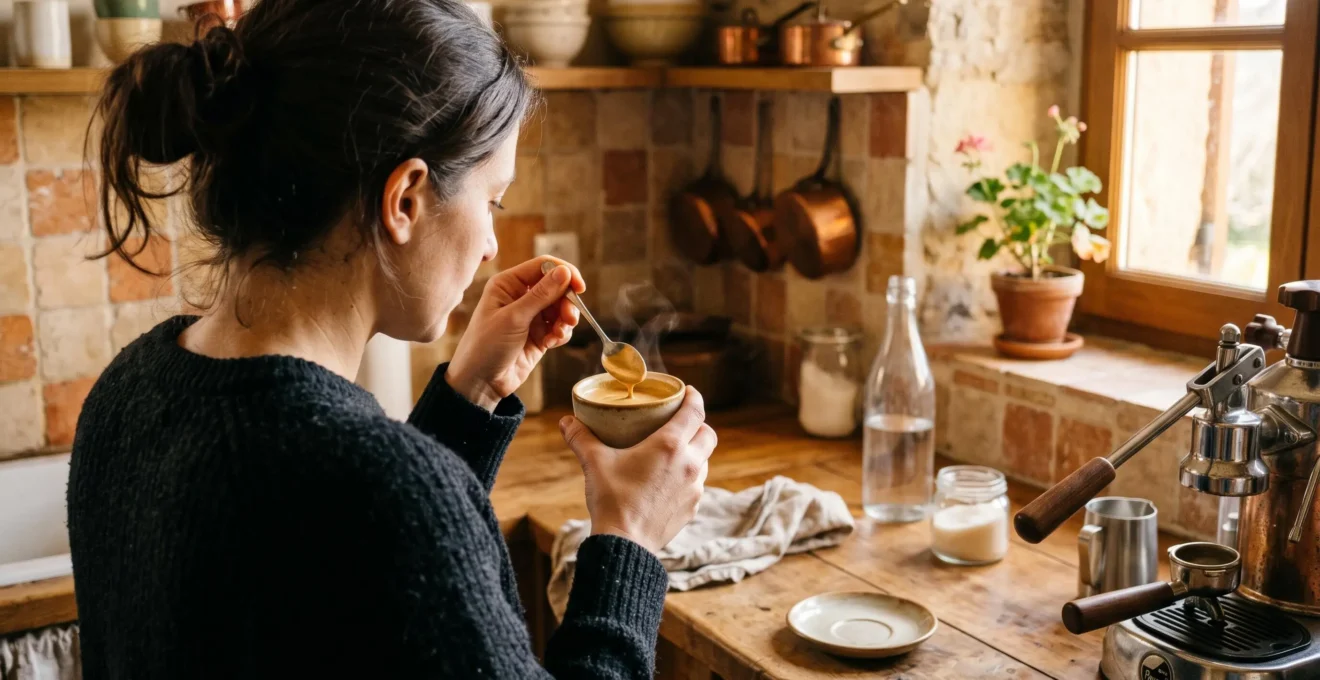 Une personne goûte un espresso à la crema dorée dans une cuisine familiale.