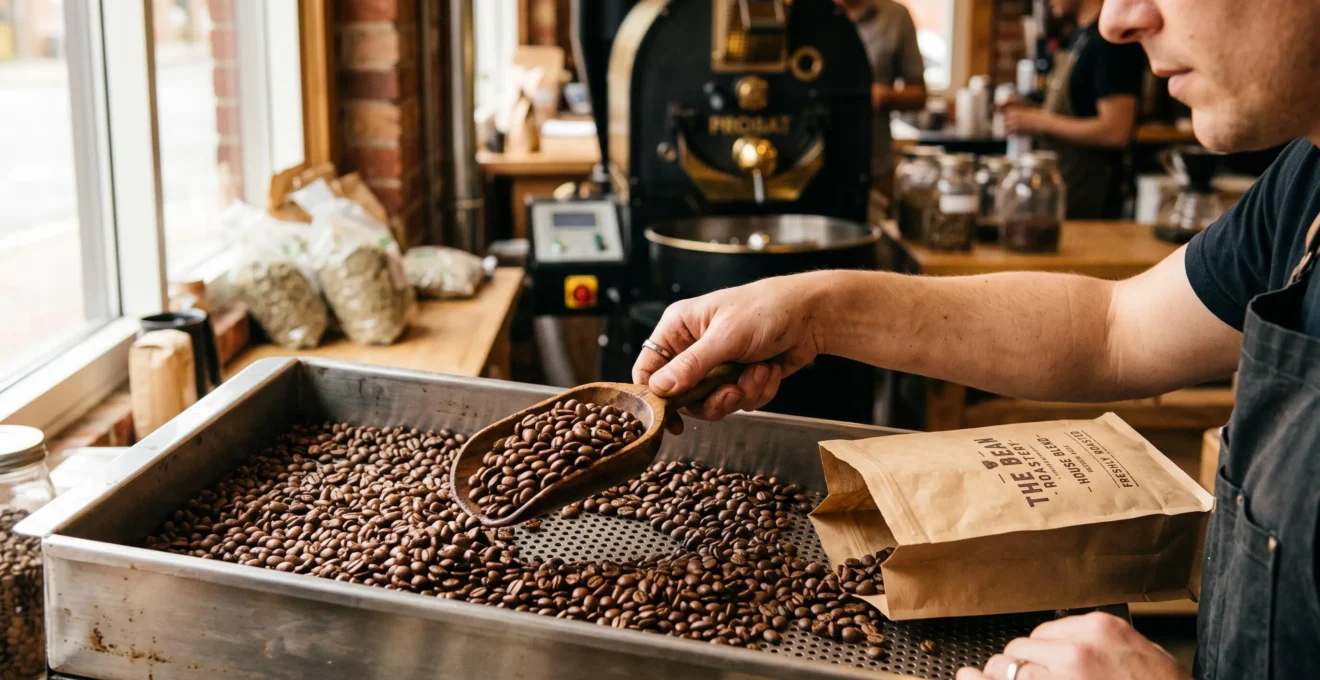 Une main prélève des grains de café fraîchement torréfiés sur une grille de refroidissement.